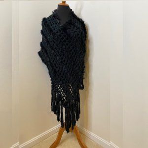 Black Crochet Poncho with Rabbit Fur